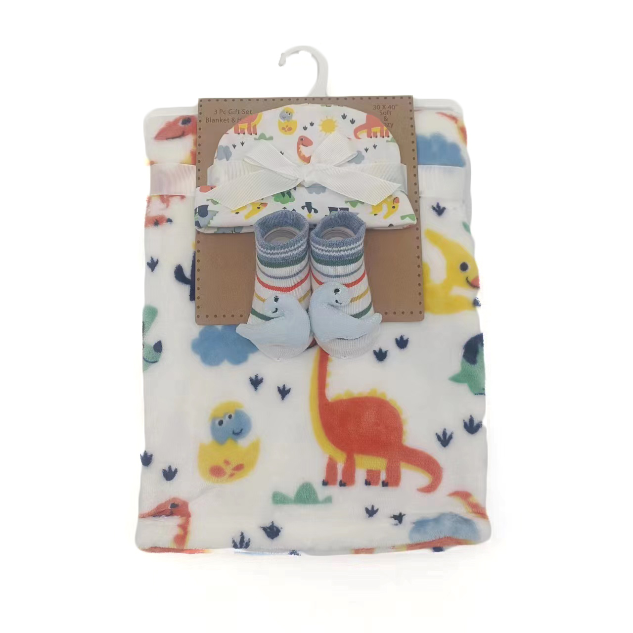 ''30'''' x 40'''' Printed Flannel Blanket, Baby Booties & Newborn HAT Sets - Colorful Dinosaur Print''