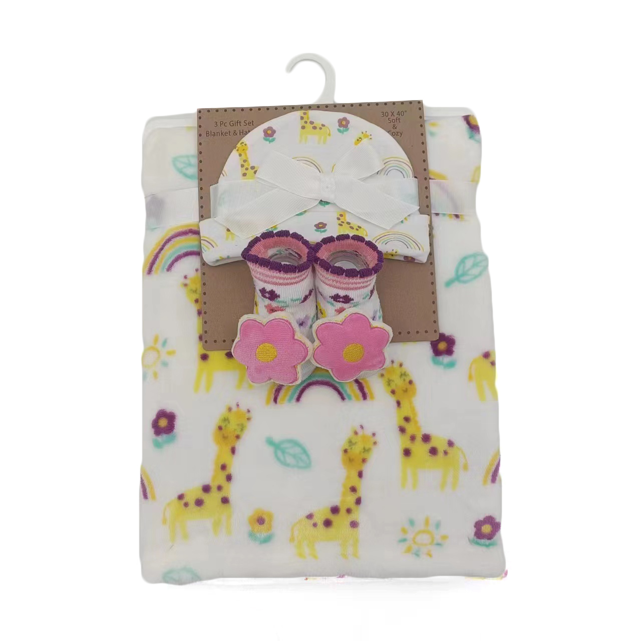 ''30'''' x 40'''' Printed Flannel Blanket, Baby Booties & Newborn HAT Sets - Giraffe Print''